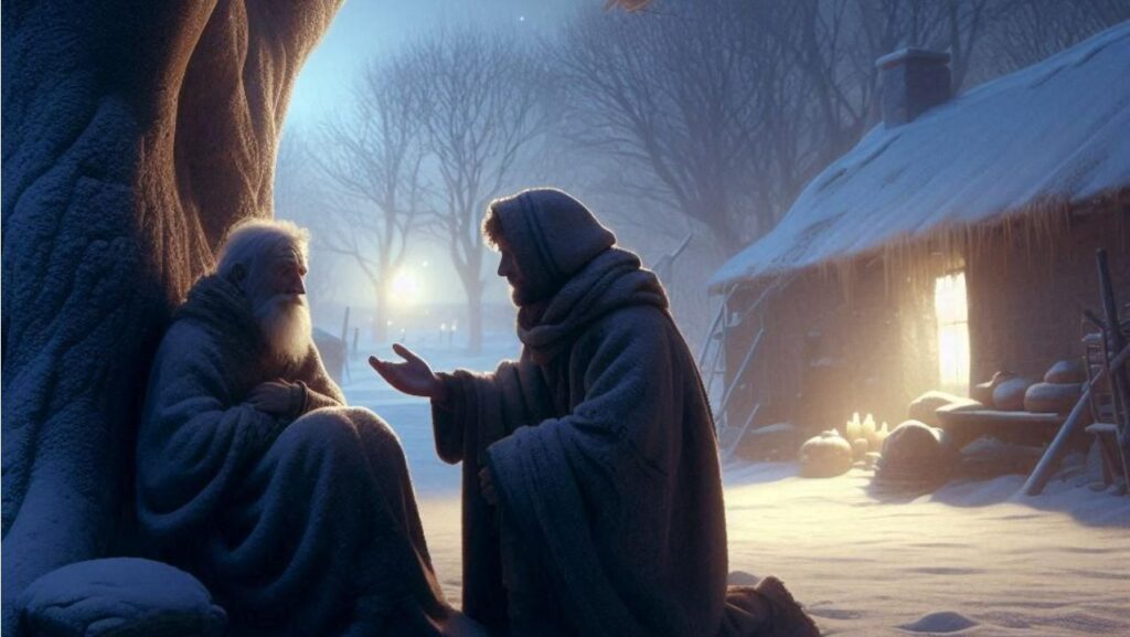 A cold winter night scene where an elderly man is sitting under a large tree, shivering without any warm clothing or blanket. The surroundings are dim, with soft moonlight casting a faint glow on the scene. A short distance away, a king dressed in plain clothes stands next to the old man, speaking to him with a look of concern and compassion on his face. The old man appears tired yet hopeful. The atmosphere is quiet and chilly, reflecting the stillness of the night and the cold air. The tree’s branches slightly sway in the cold wind